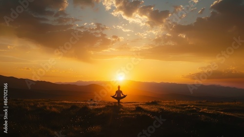A solitary figure silhouetted against a glowing sunset, holding a yoga pose amidst a serene natural landscape © Dotmam