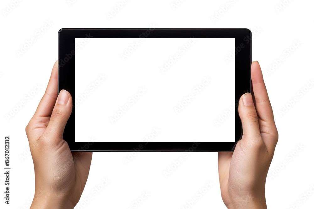 Hands holding a tablet pc with blank screen isolated on white background Hands holding a tablet pc with blank screen isolated on white background
