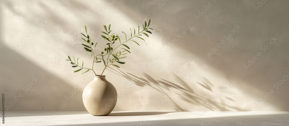Contemporary summer setting image featuring a round beige vase showcasing a green olive branch in sunlight casting elongated shadows, against a neutral table backdrop, with room for text.