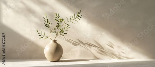 Contemporary summer setting image featuring a round beige vase showcasing a green olive branch in sunlight casting elongated shadows, against a neutral table backdrop, with room for text.