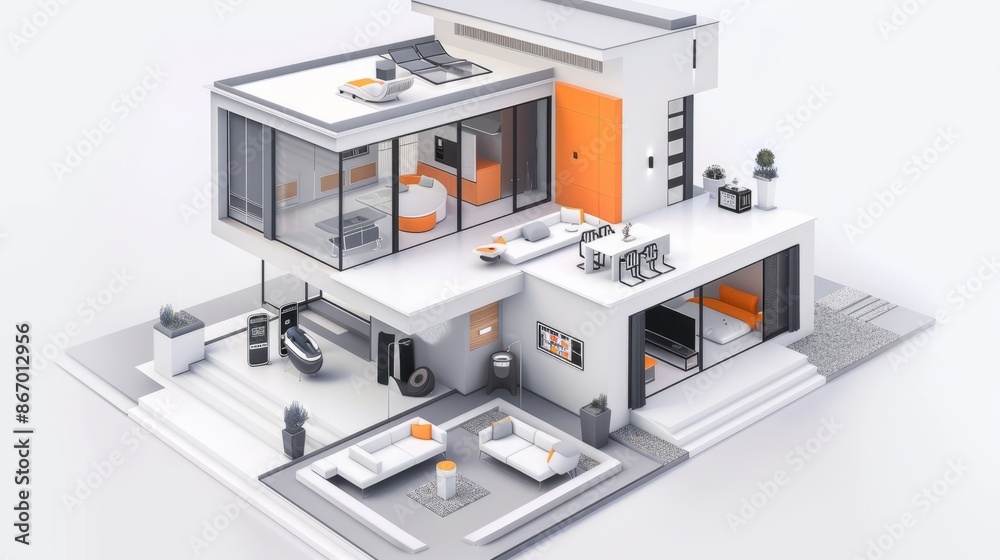 3d isometric view of a modern smart home. 3D rendering. Background for business
