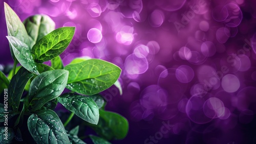 Green leaves with water droplets, purple bokeh background