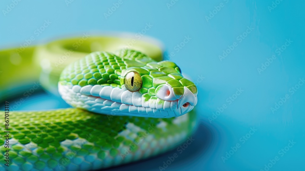 Obraz premium Green and white snake coiled on blue surface