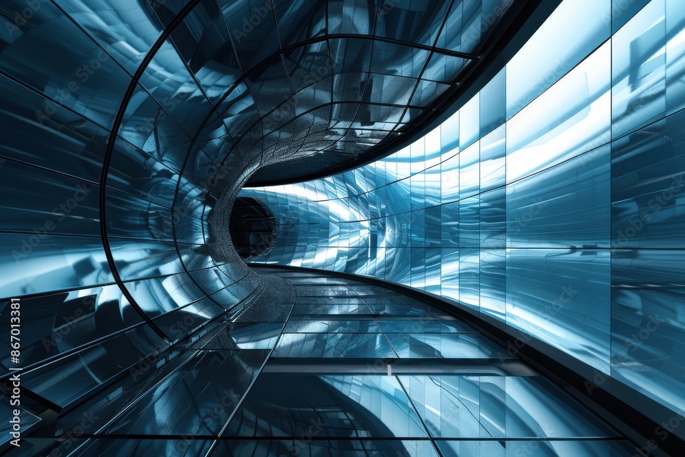 Fototapeta premium Futuristic metallic tunnel interior with blue light, concept of future, technology, and innovation