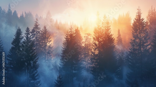 A serene forest landscape at dawn, with sunbeams piercing through the mist, illuminating the towering trees. Generative AI © Анатолий Савицкий
