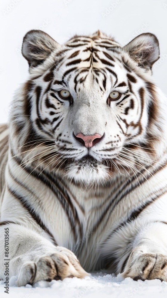 Obraz premium Close-up of a white tiger with piercing eyes on a white background. Wildlife portrait and conservation concept
