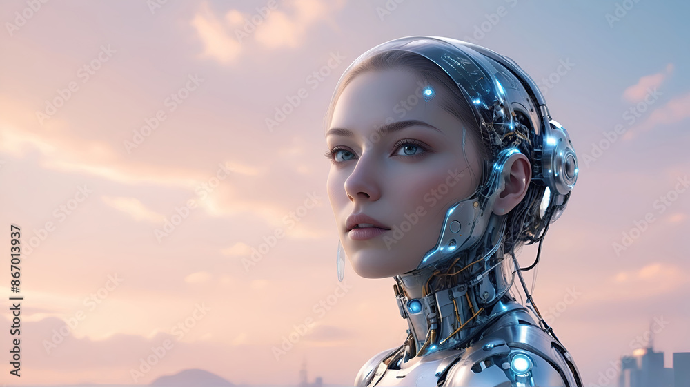 ai generative, female cyborg with mechanisms and wires in head, digital technological as a background ai generative, female cyborg with mechanisms and wires in head, digital technological as a background