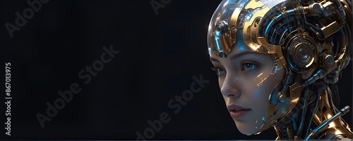 ai generative, female cyborg with mechanisms and wires in head, digital technological as a background