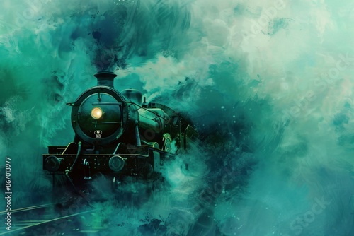 Vintage steam train is traveling through a forest with a mysterious green glow