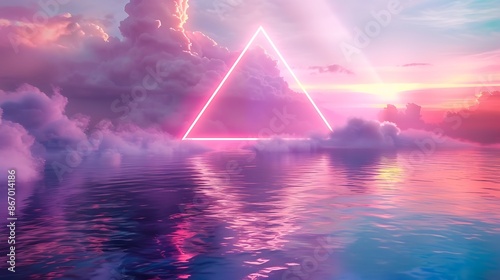 fantasy background with glowing neon triangle frame and white cloud above the calm water © Rosie