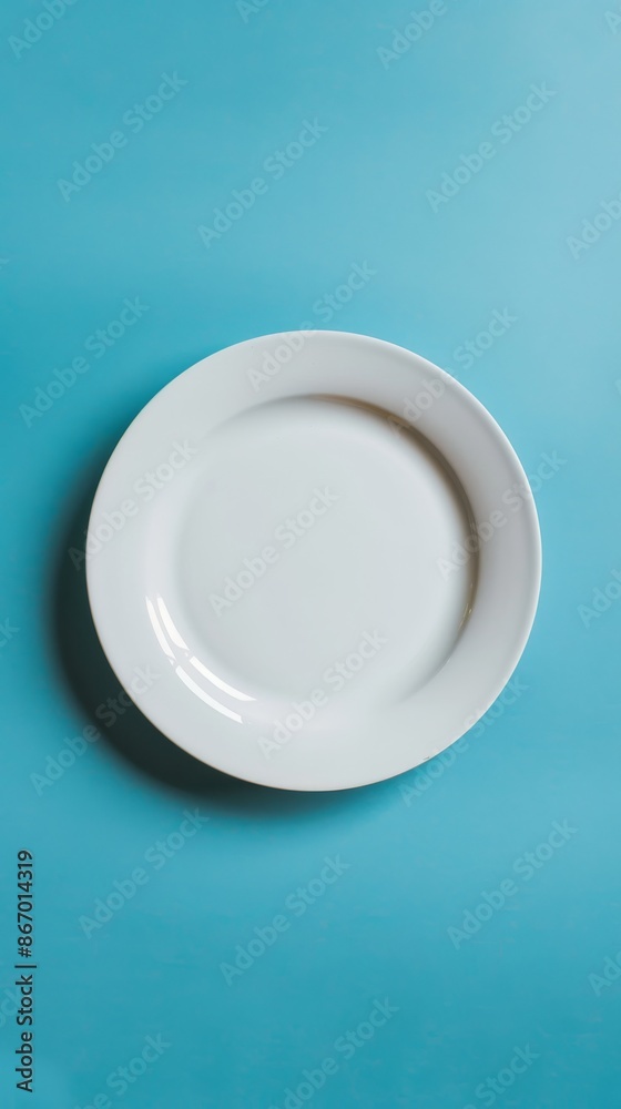 White ceramic plate on blue background, studio shot. Minimalist kitchenware concept White ceramic plate on blue background, studio shot. Minimalist kitchenware concept