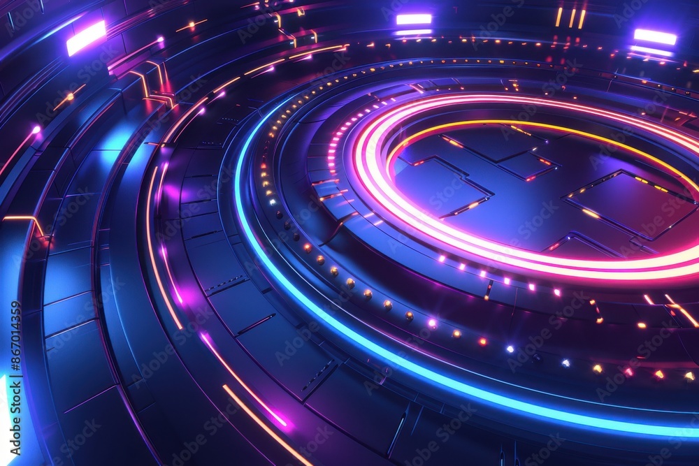 Obraz premium Futuristic Technology Background. Neon Glowing Circle with Digital Interface