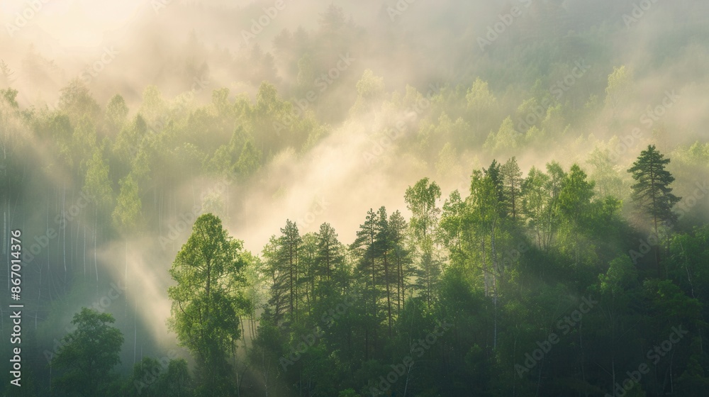 Naklejka premium A serene forest landscape at dawn, with sunlight breaking through the misty trees. The scene is ideal for eco-friendly businesses and nature conservation projects. Generative AI