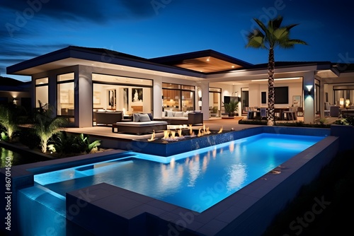 Swimming pool at night. Panoramic view of a luxury modern house.