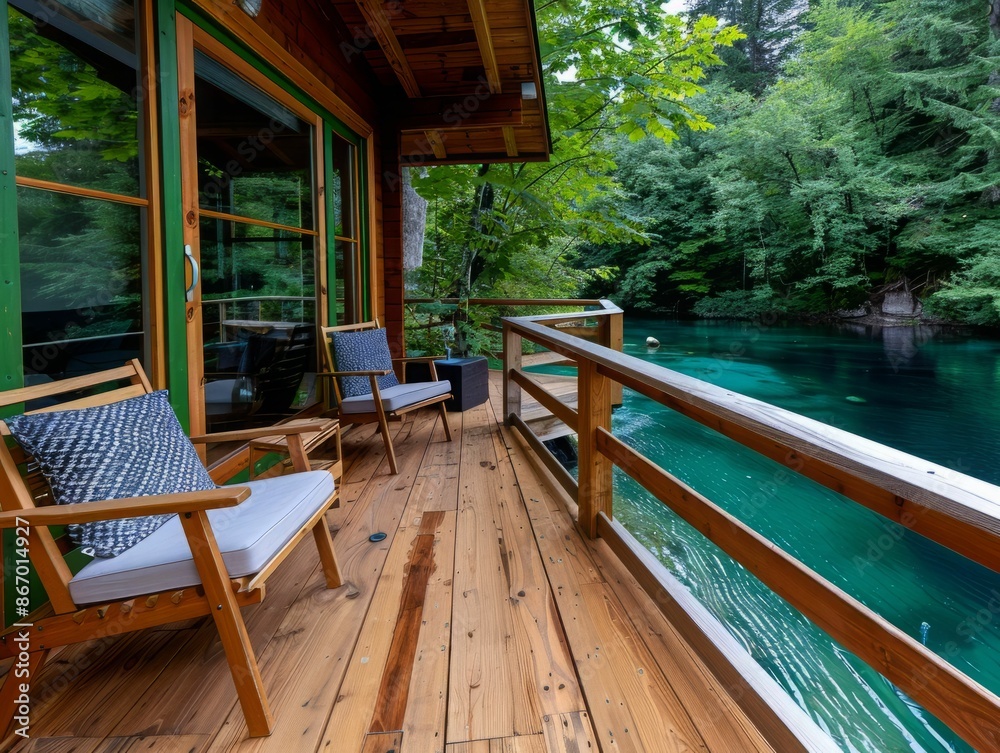 Wooden Deck overlooking a turquoise lake. Wooden Deck overlooking a turquoise lake.