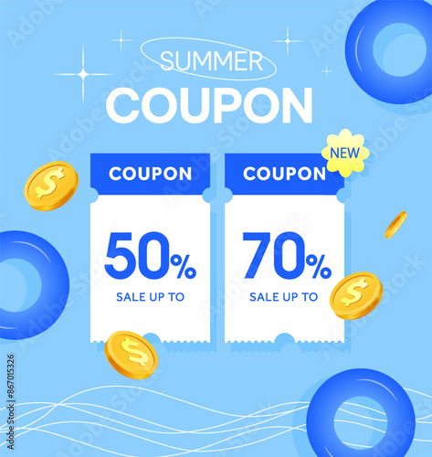 Couple of super 3d coupon with percentage off, coupon code, golden coin, isolated on blue background. Special discount voucher giveaway banner template. 3d Vector illustration. Vector illustration