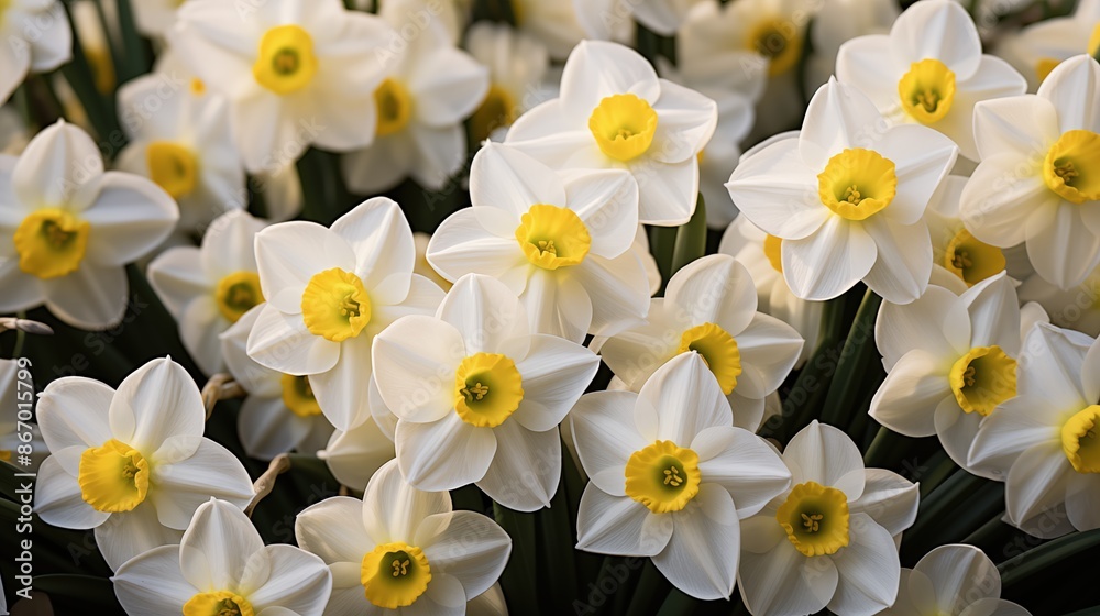 Narcissus flowers pattern background. A close-up of a cluster of white daffodils with yellow centers in full bloom. Full screen filled. Narcissus flowers pattern background. A close-up of a cluster of white daffodils with yellow centers in full bloom. Full screen filled.