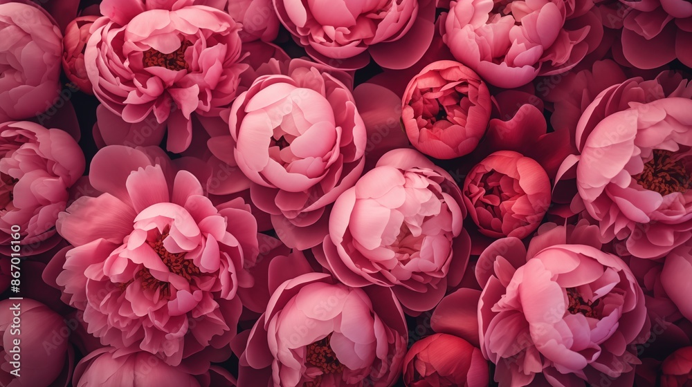 Blooming Peony flowers composition. A close-up view of numerous pink peonies in full bloom, showcasing their delicate petals and vibrant colors. Full screen filled. Blooming Peony flowers composition. A close-up view of numerous pink peonies in full bloom, showcasing their delicate petals and vibrant colors. Full screen filled.