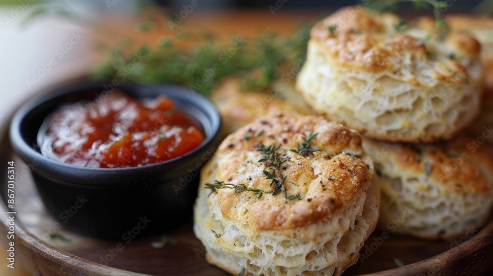 Fluffy biscuits infused with thyme and served with a side of gardenfresh tomato jam. Fluffy biscuits infused with thyme and served with a side of gardenfresh tomato jam.