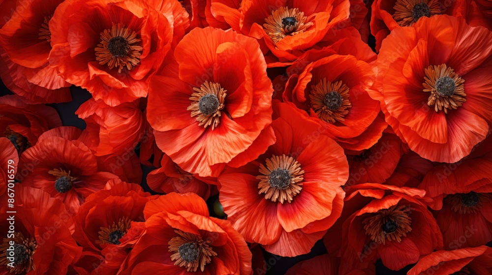 Fototapeta premium Poppy flowers pattern background. A close-up view of vibrant red poppy flowers in full bloom, showcasing their delicate petals and dark centers. Full screen filled.