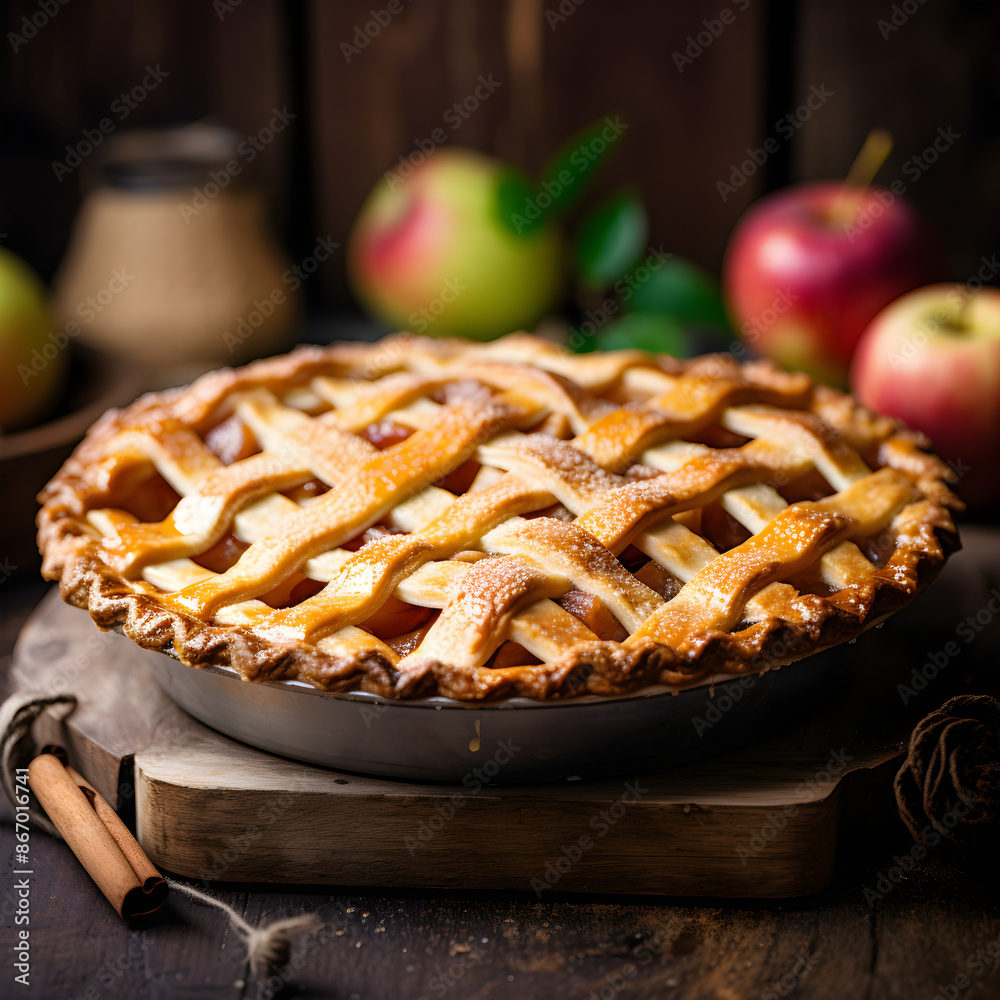 Golden-baked Homemade Apple Pie Amidst Rustic Setting Golden-baked Homemade Apple Pie Amidst Rustic Setting