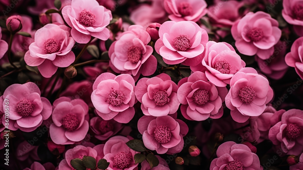Fototapeta premium Prickly Wild Rose flowers beauty texture. A close-up of a cluster of vibrant pink camellia flowers in full bloom, showcasing their delicate petals and lush green leaves. Full screen filled.