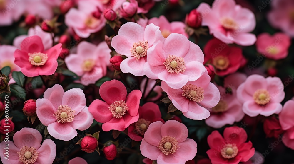 Prickly Wild Rose flowers pattern background. A close-up view of a cluster of pink and red flowers in full bloom, with green leaves in the background. Prickly Wild Rose flowers pattern background. A close-up view of a cluster of pink and red flowers in full bloom, with green leaves in the background.