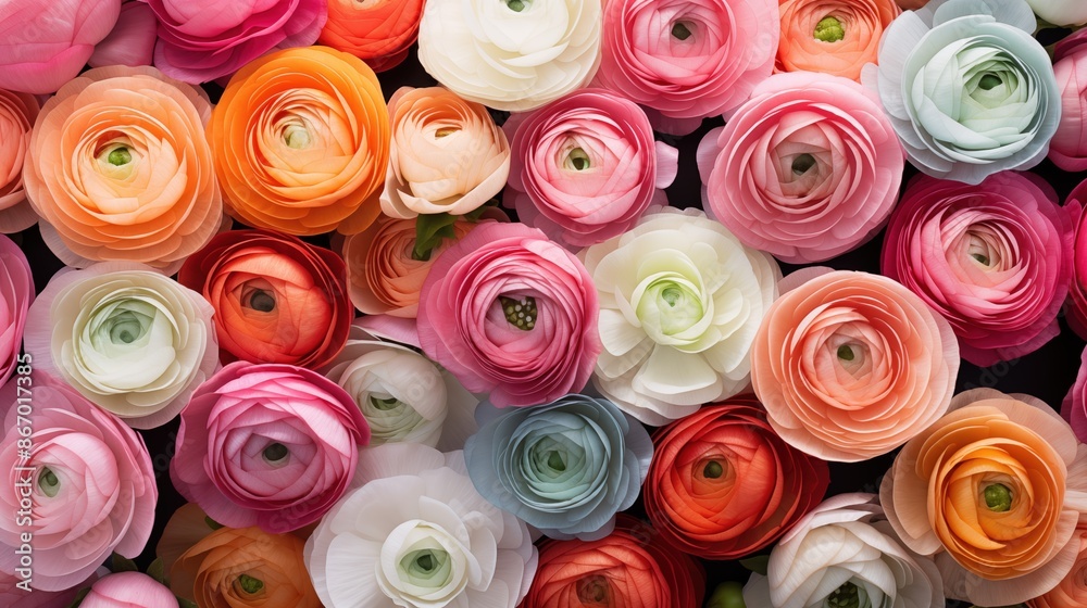Ranunculus flowers pattern background. A vibrant assortment of colorful ranunculus flowers in full bloom, showcasing various shades of pink, orange, white, and red. Full screen filled. Ranunculus flowers pattern background. A vibrant assortment of colorful ranunculus flowers in full bloom, showcasing various shades of pink, orange, white, and red. Full screen filled.
