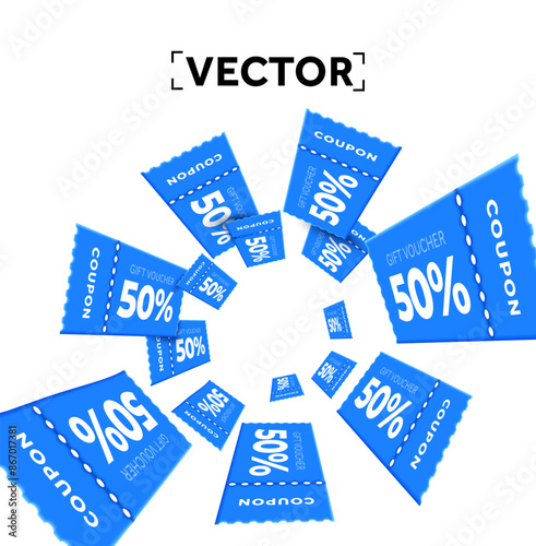 3d flying coupons with coupon code, percentage off, isolated on white background. Unlimited discount voucher giveaway banner template. Special price off event design. 3d Vector illustration. Vector