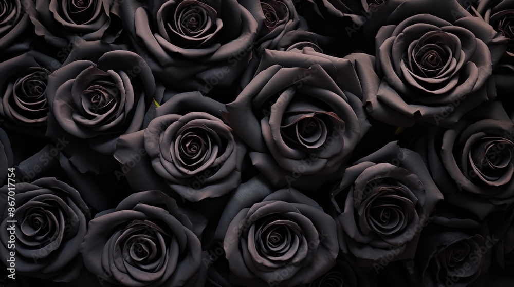 Rose flowers pattern background. A close-up view of multiple black roses in full bloom, creating a dramatic and elegant floral arrangement. Full screen filled. Rose flowers pattern background. A close-up view of multiple black roses in full bloom, creating a dramatic and elegant floral arrangement. Full screen filled.
