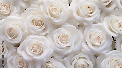 Rose flowers pattern background. A close-up view of multiple white roses in full bloom, showcasing their delicate petals and intricate details. Full screen filled.