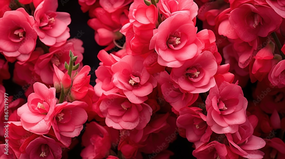 Blooming Snapdragon flowers composition. Close-up of vibrant pink flowers in full bloom against a dark background. Full screen filled. Blooming Snapdragon flowers composition. Close-up of vibrant pink flowers in full bloom against a dark background. Full screen filled.