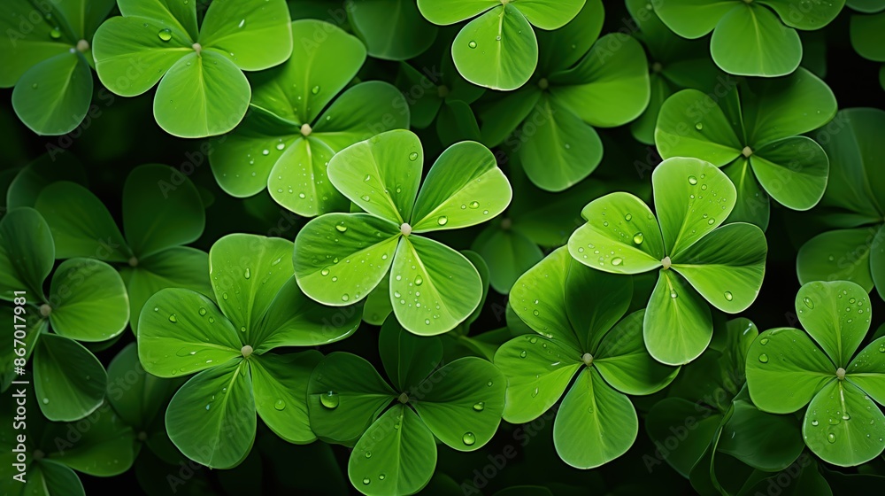 Shamrock flowers beauty texture. A close-up view of vibrant green clover leaves with water droplets on them, creating a fresh and natural look. Full screen filled. Shamrock flowers beauty texture. A close-up view of vibrant green clover leaves with water droplets on them, creating a fresh and natural look. Full screen filled.