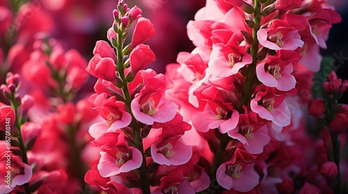 Snapdragon flowers pattern background. Close-up of vibrant pink snapdragon flowers in full bloom, showcasing their delicate petals and lush green stems. Full screen filled.