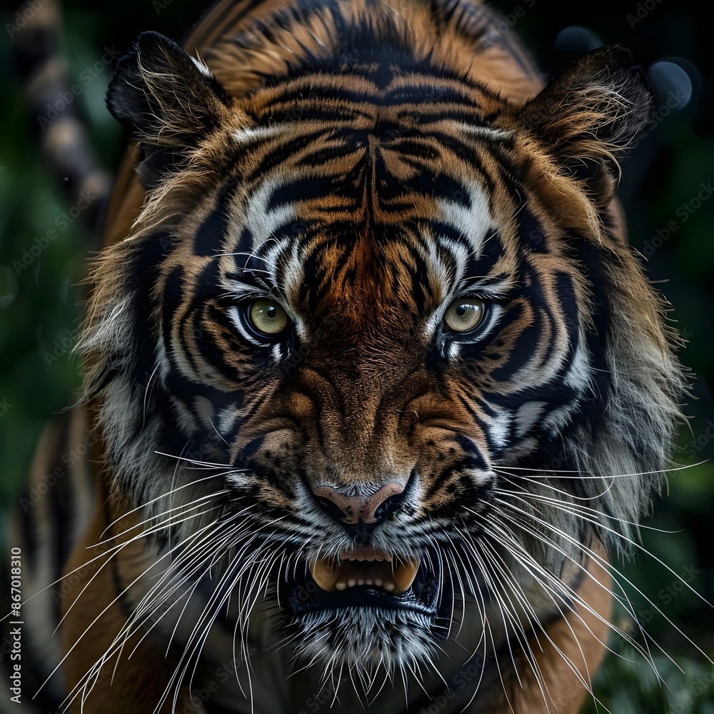 Fototapeta premium Angry tiger,Sumatran tiger (Panthera tigris sumatrae) beautiful animal and his portrait. 