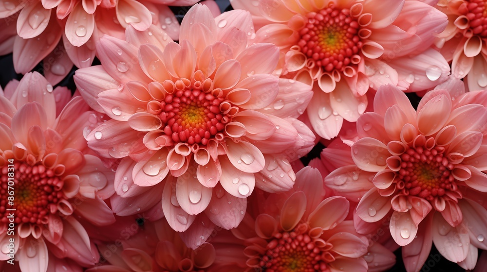 Fototapeta premium Blooming Spider Mum flowers composition. Close-up of pink chrysanthemums with water droplets on petals. Full screen filled.