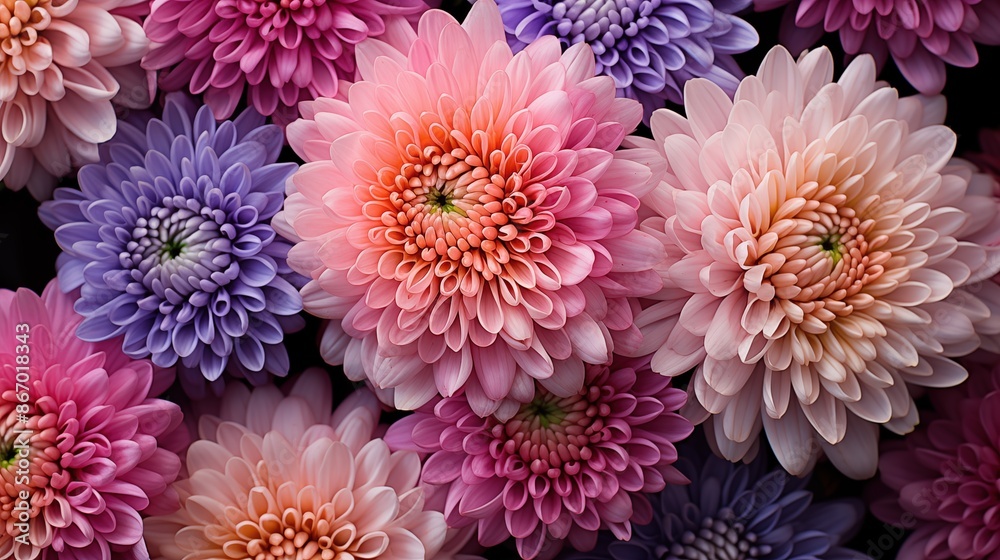 Spider Mum flowers beauty texture. A close-up view of a vibrant assortment of pink, purple, and peach chrysanthemum flowers in full bloom. Full screen filled. Spider Mum flowers beauty texture. A close-up view of a vibrant assortment of pink, purple, and peach chrysanthemum flowers in full bloom. Full screen filled.