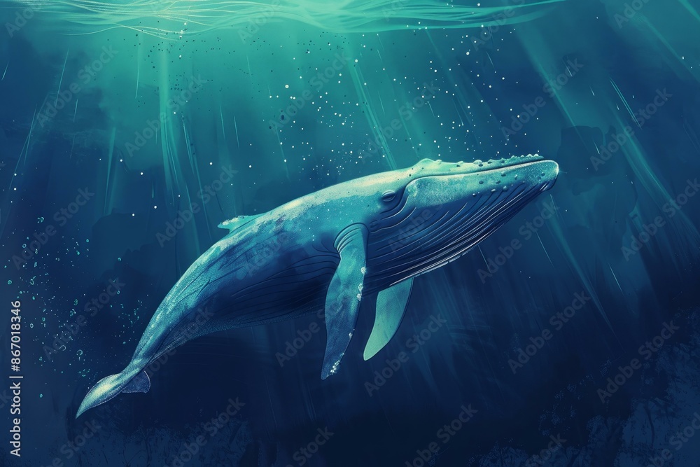 Fototapeta premium Large blue whale swimming gracefully upwards toward the light in the dark depths of the ocean