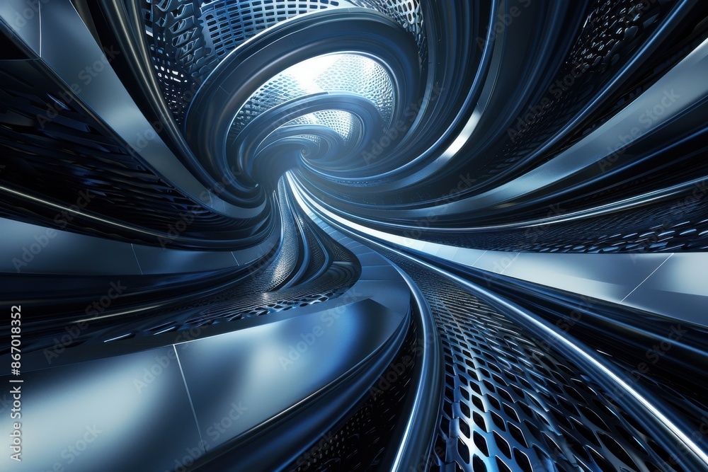 Abstract 3D rendering of a futuristic tunnel or wormhole made of shiny ...