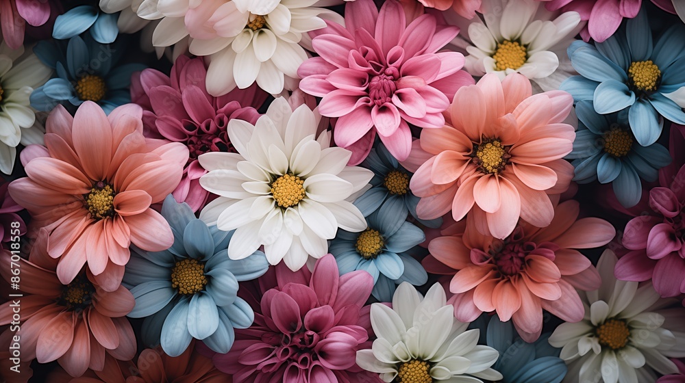 Various flowers beauty texture. A vibrant assortment of colorful flowers, including pink, white, and blue blossoms, arranged closely together. Full screen filled.