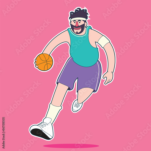 a cartoon a man plays basketball happily. stickers and more.