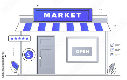 Market building simple style design. Small business, roadside store or shop. Urban infrastructure and architecture. Opening of new retail place. Line art flat vector illustration