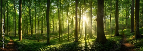 A sunlit forest path with tall trees casting shadows on the mossy ground.