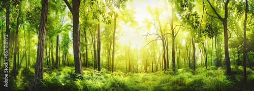 Sunbeams shining through lush green forest trees.