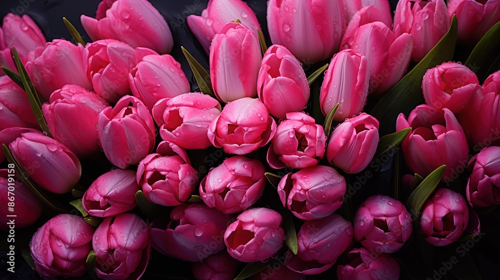 Tulip flowers beauty texture. A close-up of a bouquet of vibrant pink tulips with water droplets on the petals, set against a dark background. Full screen filled. Tulip flowers beauty texture. A close-up of a bouquet of vibrant pink tulips with water droplets on the petals, set against a dark background. Full screen filled.