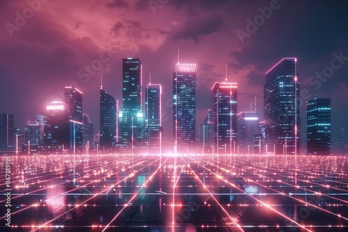 futuristic cyberpunk cityscape with glowing neon grid lines and skyscrapers retro 80s 90s scifi style digital art