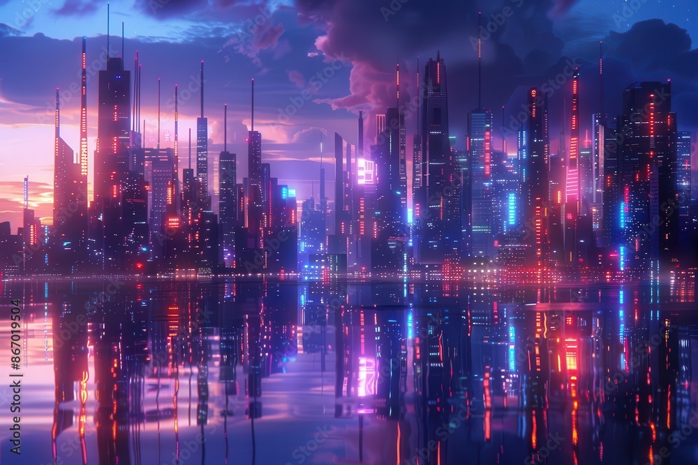 futuristic metropolis at night with neon lights reflecting in water 3d illustration futuristic metropolis at night with neon lights reflecting in water 3d illustration