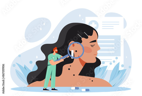 A woman with melanoma. Plastic surgery and cosmetology. Cancer treatment. Health, medicine, diagnostics. Girl with skin care procedures. Flat vector illustration isolated on white background