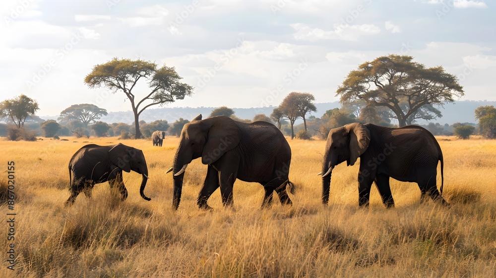 Fototapeta premium A herd of wild elephants walk through the savanna of Tarangire National Park in Tanzania, East Africa. 