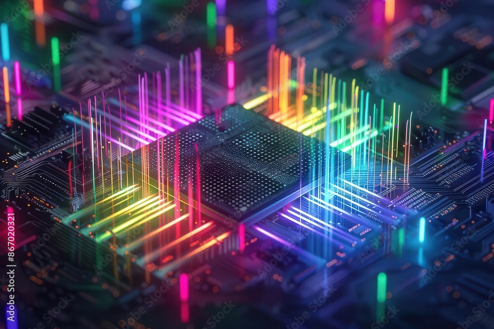 Fototapeta premium glowing ai chip emitting colorful light beams futuristic tech concept dark background with copy space digital innovation visualization